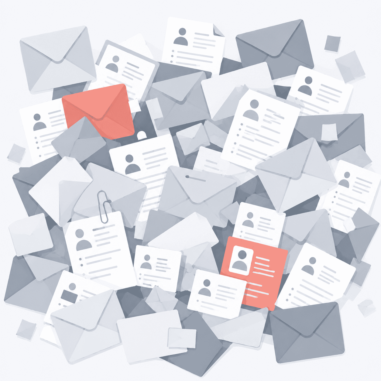 Illustration representing a cluttered, disorganized recruitment inbox full of overlapping CV emails