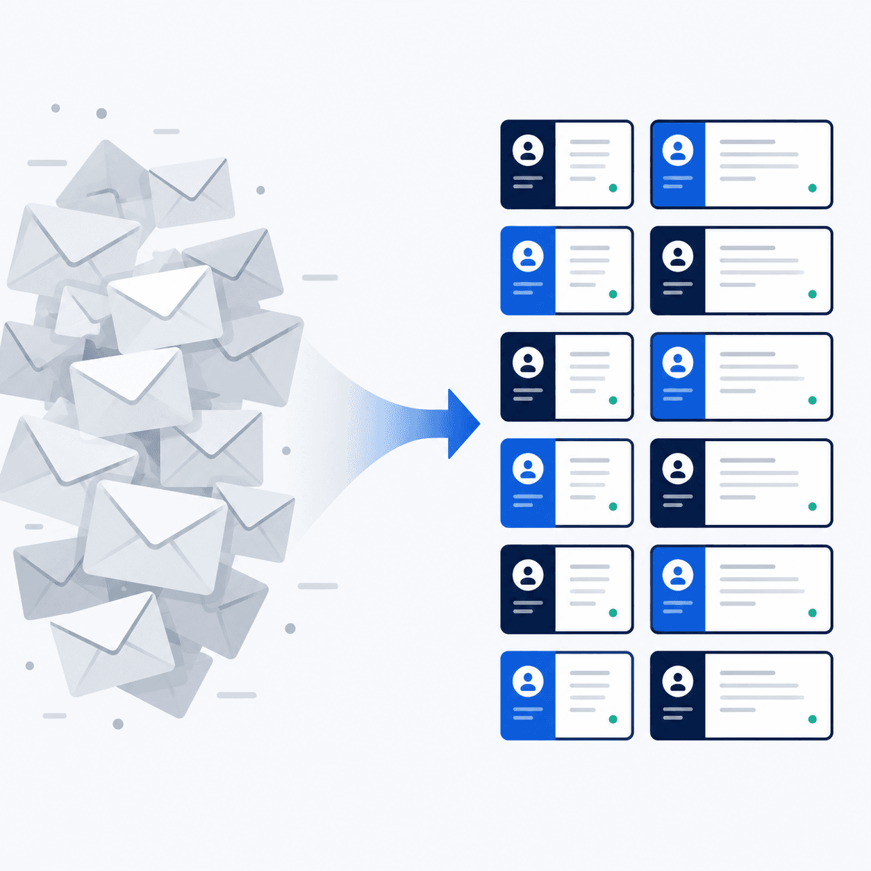 Illustration showing a chaotic recruitment inbox turning into an organized, searchable CV database